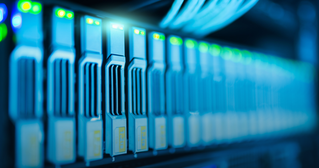 Glowing server racks in a modern data center
