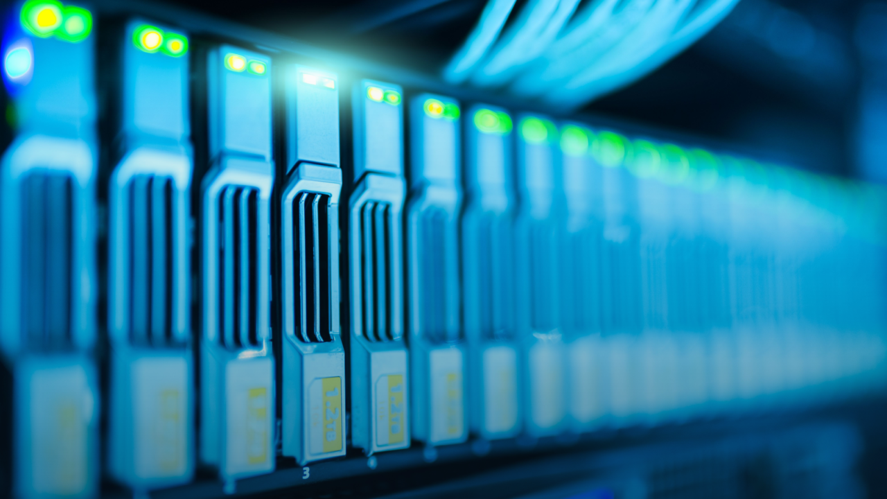 Glowing server racks in a modern data center