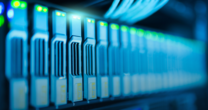 Glowing server racks in a modern data center