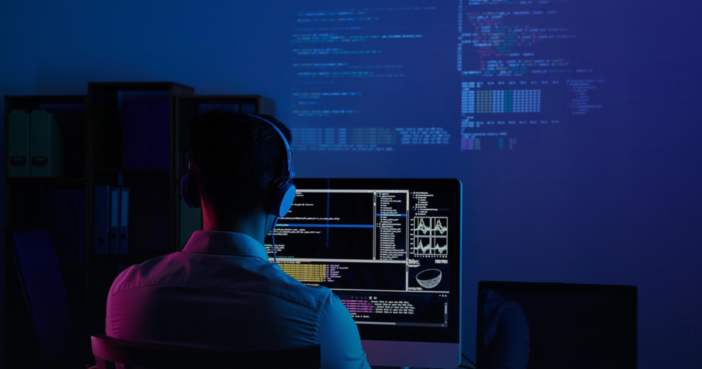 Developer working at a code-lit monitor, building software on AWS