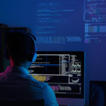 Developer working at a code-lit monitor, building software on AWS