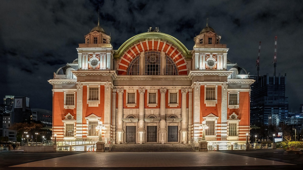 Osaka City Central Public Hall illuminated at night, a Japanese municipal public building